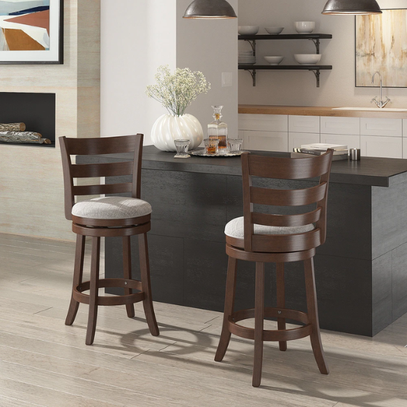 Upholstered Back Swivel Bar Stool – Durable Rubberwood Frame, 360° Swivel Seat, Ring Footrest, and Foam-Padded Linen or Faux Leather Upholstery for Comfortable Everyday Dining