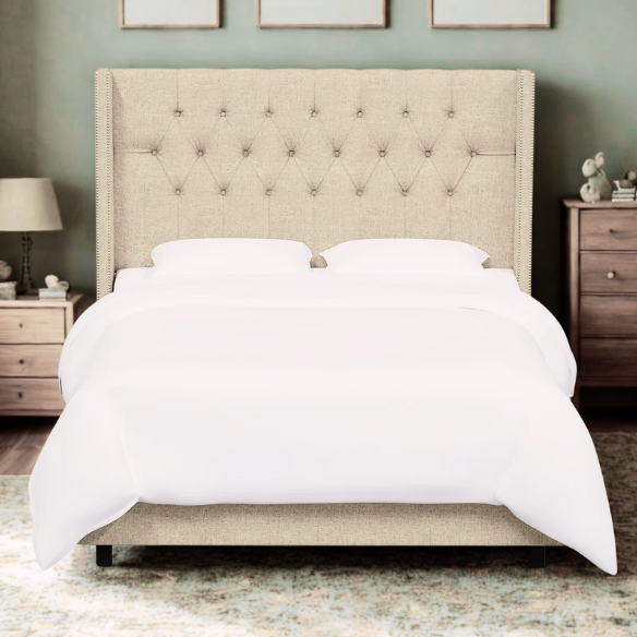 Timeless Upholstered Wingback King Size Bed with Button Tufting and Nailhead Trim