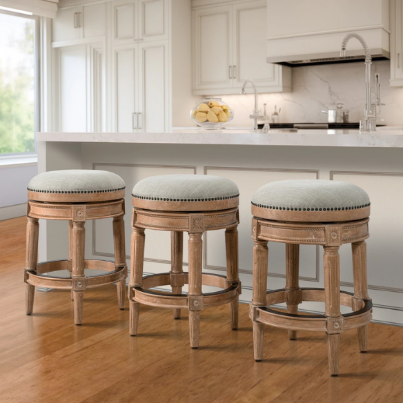 Backless Swivel 26" Counter-Height Bar Stool – Elegant Linen Upholstery with Nail Head Trim, 360-Degree Swivel, and Metal Footrest for Stylish Kitchen or Bar Seating