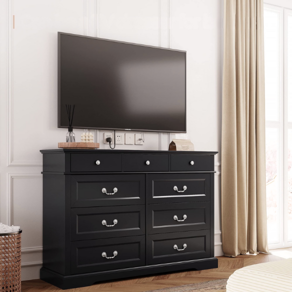 Rustic Modern 9-Drawer 53.5'' Double Dresser with Inset Paneling, Crown Molding, and Customizable Metal Handles