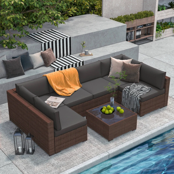 7-Piece Modular Patio Furniture Set | Wicker Outdoor Sectional Sofa with PE Rattan, Plush Pillowtop Cushions, and Coffee Table