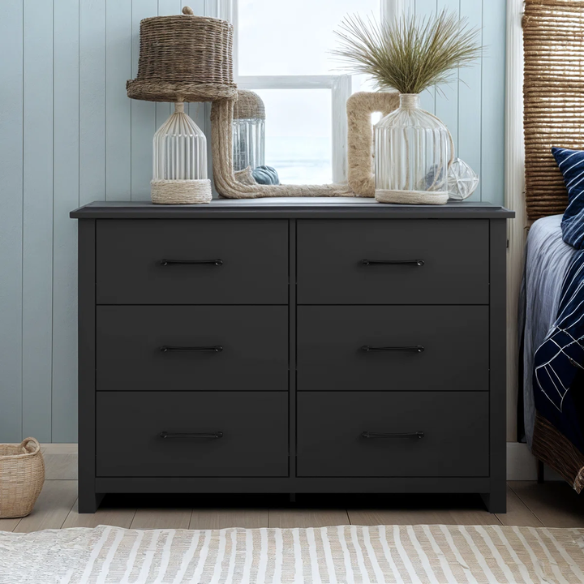 Modern 6-Drawer Double Dresser with Flared Feet and Sleek Black Metal Handles