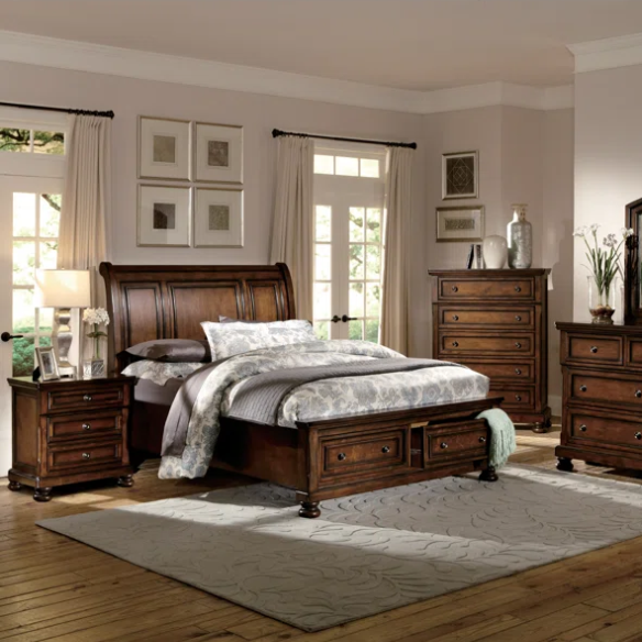 Timeless 5-Piece Platform Bedroom Set with Hidden Storage, Rich Medium Brown Finish, Birch Veneer, and Hardwood Accents - Featuring Bun Feet, Clever Drawer Storage, and Classic Transitional Design