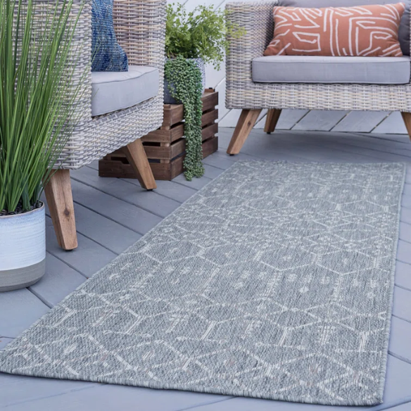 Boho-Inspired Greyish Blue & Ivory Geometric Rug – Fade & Stain-Resistant, Low-Pile, Perfect for High-Traffic Indoor/Outdoor Spaces