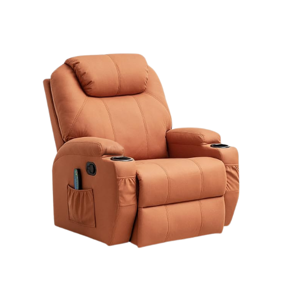 Orange Swivel Rocker Recliner with Massage and Heating, 360° swivel, soothing rocking motion, 8 vibration points, lumbar heating, ergonomic design, convenient storage with cup holders and side pockets, durable performance fabric, easy assembly, and quick relaxation.