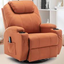 Orange Swivel Rocker Recliner with Massage and Heating, 360° swivel, soothing rocking motion, 8 vibration points, lumbar heating, ergonomic design, convenient storage with cup holders and side pockets, durable performance fabric, easy assembly, and quick relaxation.