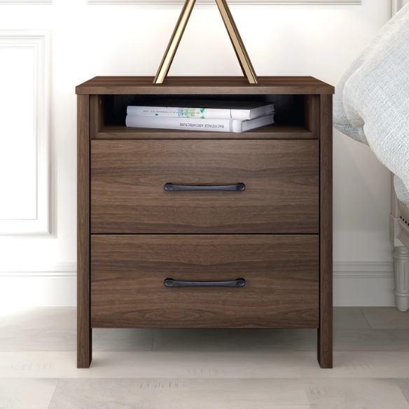 22.7" 2-Drawer Nightstand – Space-Saving Modern Minimalism, Engineered Wood with Clean-Lined Silhouette, Neutral Finish, Open Cubby & 2 Spacious Drawers for Bedroom Storage, Ideal for Tech & Accessories
