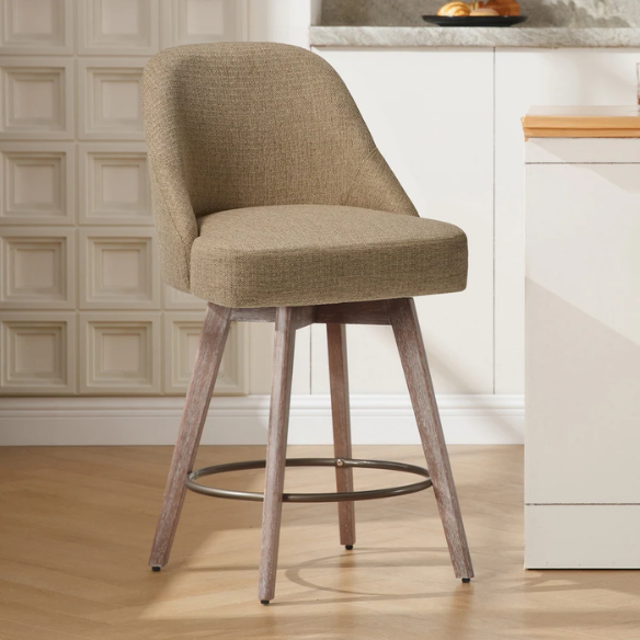 Modern Counter Height Swivel Bar Stool – Upholstered Faux Leather/Polyester Blend Seat, Solid Beech Wood Frame, Ergonomic High Back, Bronze Metal Footrest, 300lb Capacity for Kitchen, Bar, or Pub