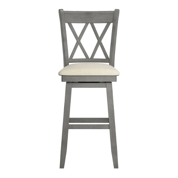 Double X Back Wood Swivel Bar Stool – Vintage Charm with Upholstered Linen Seat Cushion, Swivel Function, and Distressed Finishes for Elegant Bar or Counter Seating