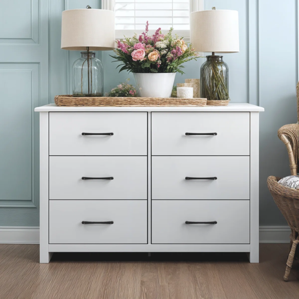 Modern 6-Drawer Double Dresser with Flared Feet and Sleek Black Metal Handles