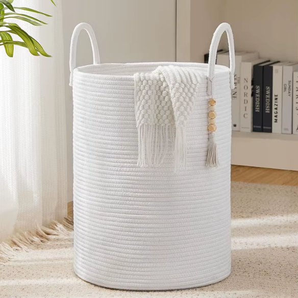 Large Tall Woven Storage Basket – Decorative Laundry Hamper with Handles, Foldable Cotton Rope Design for Clothes, Kids' Toys, and Living Room