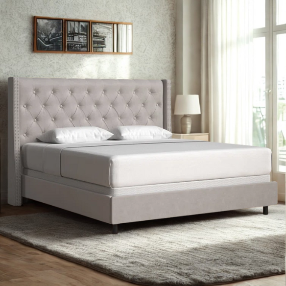 Chic Upholstered Wingback King Size Bed with Button Tufting and Nailhead Trim