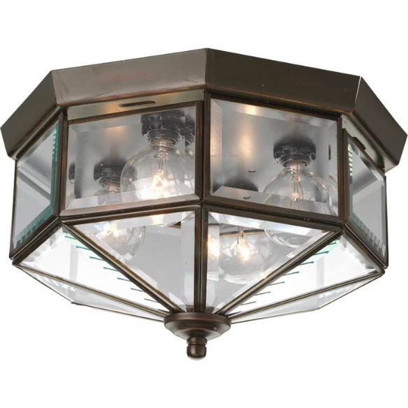 Four-Light Beveled Glass Close-to-Ceiling Fixture in Antique Bronze – Elegant Octagonal Ceiling Light with Clear Beveled Glass for Ambient Overhead Lighting