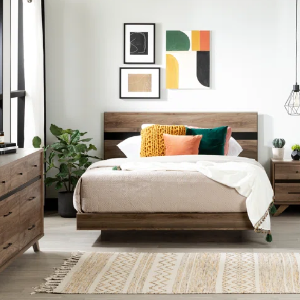 Rustic Restoration Queen Platform Configurable Bedroom Set with 7-Drawer Dresser, Nightstand, and Scandinavian-Inspired Design