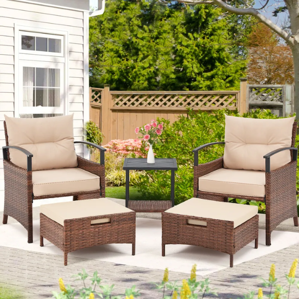 Patio Furniture Set | Outdoor Rattan Chairs with Tempered Glass Coffee Table, Ottomans, and Soft Cushions | Stylish Wicker Conversation Set