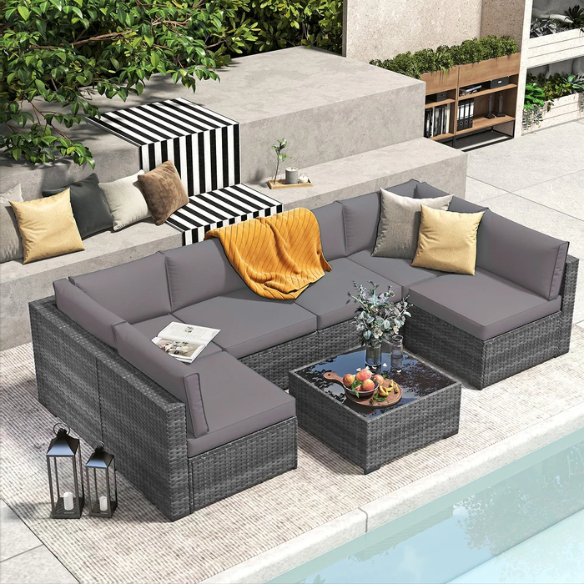 7-Piece Modular Patio Furniture Set | Wicker Outdoor Sectional Sofa with PE Rattan, Plush Pillowtop Cushions, and Coffee Table