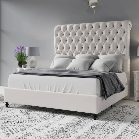 Luxurious Velvet Upholstered Sleigh Bed with Tufted Button and Gem-Accented Headboard