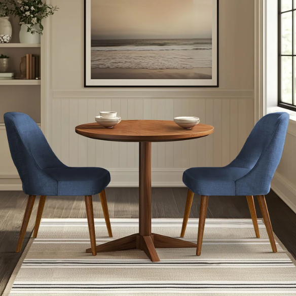 Textured Fabric Dining Side Chairs (Set of 2) – Solid Wood Frame with Mediterranean or Pecan Finish, High-Density Foam Fill & Rounded Back Design