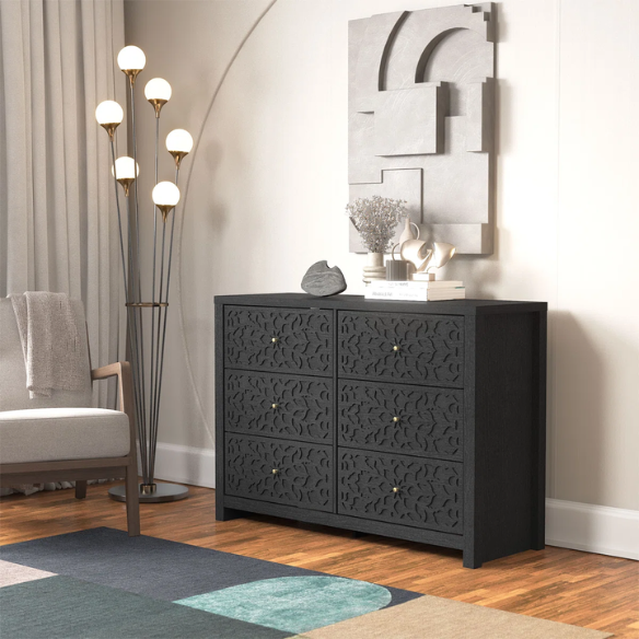 Boho-Inspired 45.4" 6-Drawer Dresser with Distressed Finish and Openwork Floral Details
