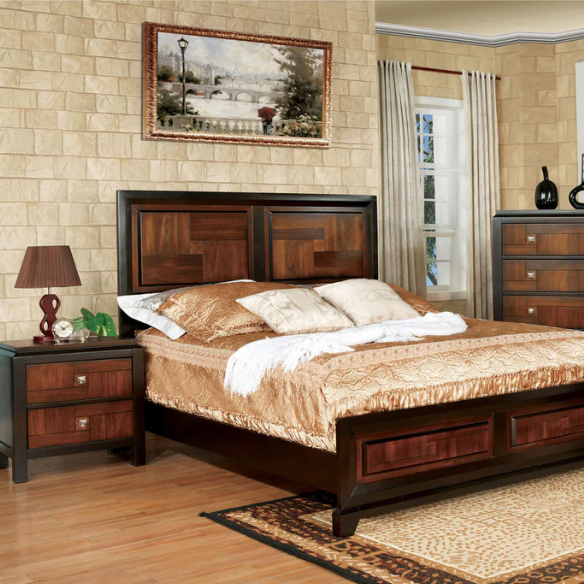 Rustic Walnut and Acacia 3-Piece Bedroom Set with Panel Bed, Chest, and Nightstand