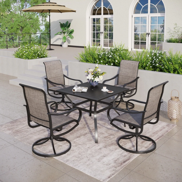 Patio Dining Set | Outdoor Furniture with Table and Swivel Chairs | All-Weather Garden Furniture with Umbrella Hole for Shade