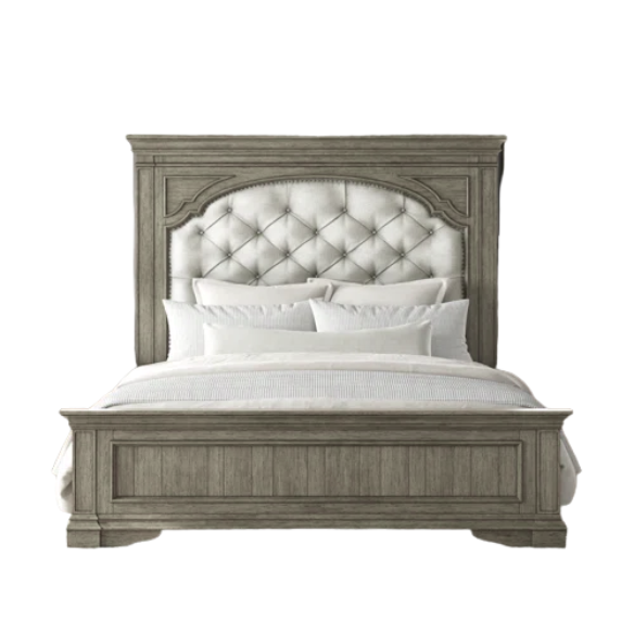 Rustic Driftwood Grey King 5-Piece Bedroom Set – Upholstered Tufted Bed, Nightstand, Dresser with Mirror, and Chest