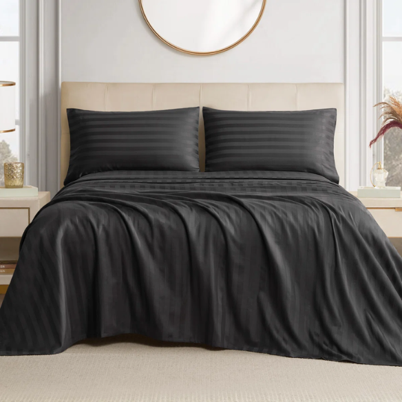 4-Piece Luxury Bed Sheet Set – Fitted & Flat Sheets with Pillowcases | Solid Stripe Bedding for Twin, Full, Queen, King Sizes