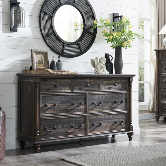 Farmhouse 7-Drawer Rustic Dresser with Two Drawer Sizes, Perfect for Bedroom or Living Room Storage