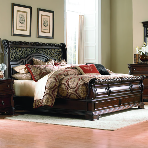 Classic Elegance with a Touch of Tradition – 5-Piece King Bedroom Set Featuring Sleigh Bed with Rope Twist Cap Rails, Dresser, Mirror, Chest, and Nightstand with Hidden Storage and Custom Drop Ring Hardware