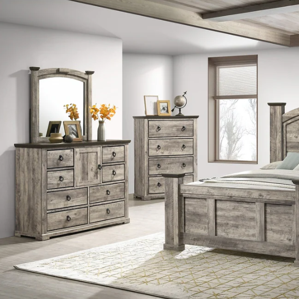5-Piece Gray Rustic Panel Bedroom Set – A Harmonious Blend of Rustic Charm and Modern Elegance