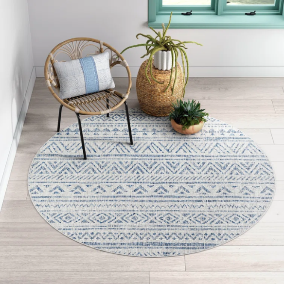 Striped Geometric Area Rug – Blue & Taupe, Durable Polypropylene, Low-Pile Design for High-Traffic Indoor/Outdoor Spaces