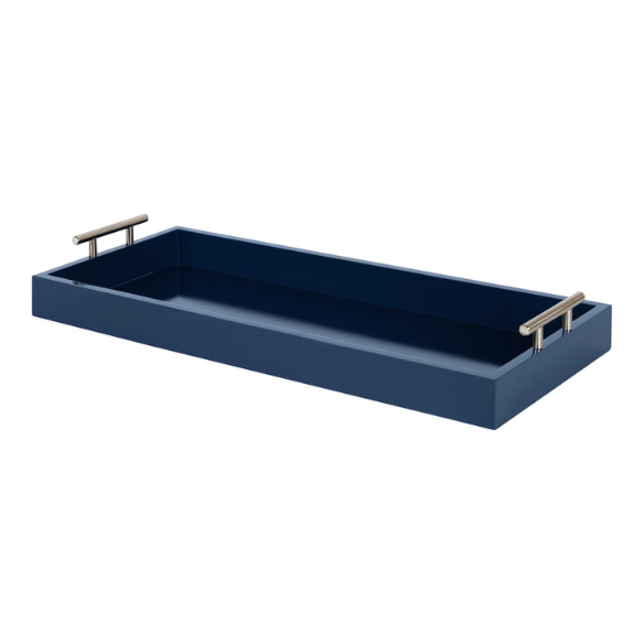 Sleek and Sophisticated Long Rectangular Serving Tray – High Gloss Wood with Polished Metal Handles, Perfect for Entryway, Vanity, or Coffee Table