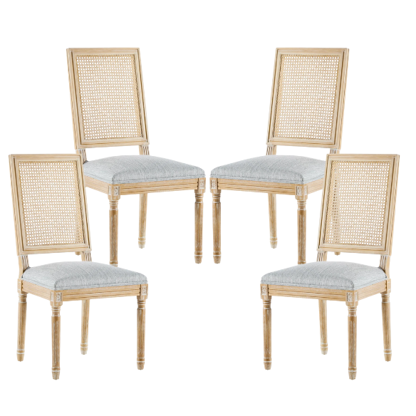 French Country Wood and Cane Upholstered Dining Chairs – Weathered Rubberwood Frame with Fluted Legs & Rectangular Cane Backrest