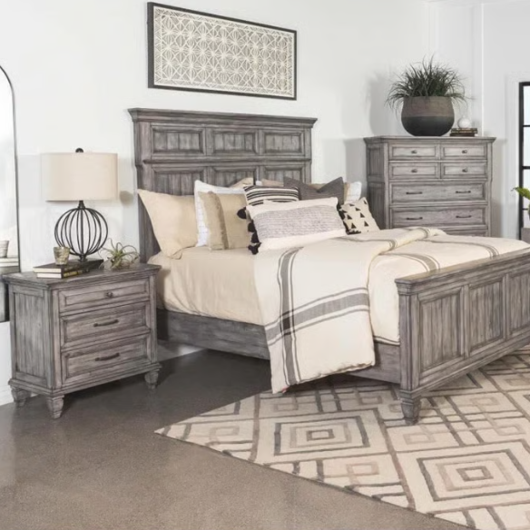 Exquisite Old-World Charm with Glamorous Flair – 5-Piece King Bedroom Set in Grey with Crown Molding, Felt-Lined Drawers, and Built-In Outlets