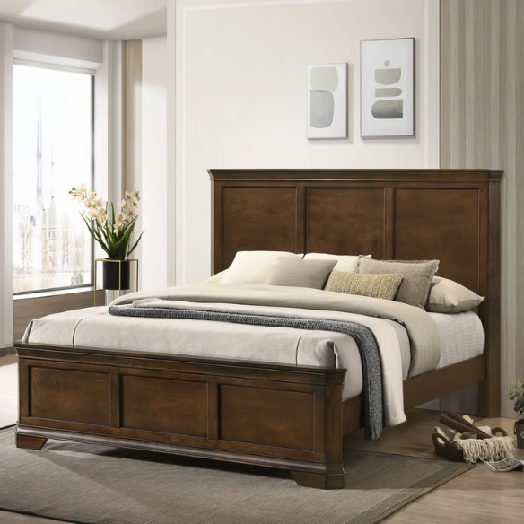 Traditional Wood Panel Bedroom Set with Dresser, Mirror, Nightstand, and Chest in Antique Walnut Finish