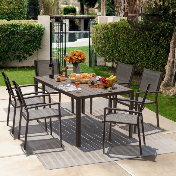 7-Piece Patio Dining Set | Outdoor Furniture with 6 Stackable Textilene Chairs and Spacious Table | Perfect for Yard, Garden, and Porch in Grey
