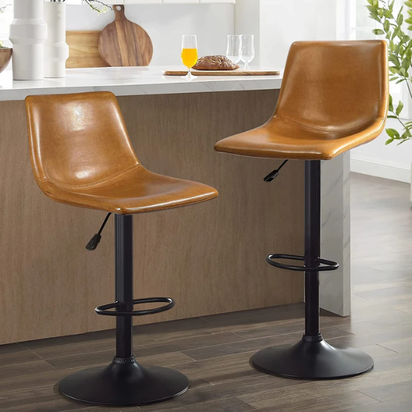 Set of 2 Adjustable Height Swivel Bar Stools with Back – Mid-Century Modern Design, Polished Chrome Base, Ergonomic Imitation Leather Seat, 360° Rotation for Kitchen Island or Bar