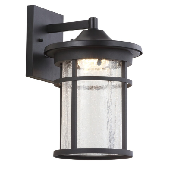 Outdoor Wall Lantern – Crackled Glass and Metal Integrated LED Wall Sconce in Black, Traditional & Rustic Style for Entryways and Courtyards