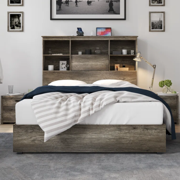 Innovative LED Bookcase Bed – Full/Double Size with Built-In Storage, Sleek Design, and LED Lighting for Modern Living