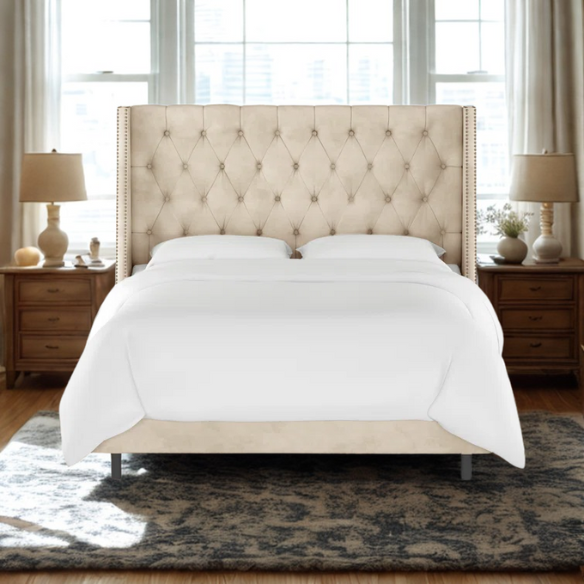 Chic Upholstered Wingback King Size Bed with Button Tufting and Nailhead Trim