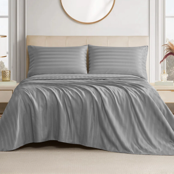 4-Piece Luxury Bed Sheet Set – Fitted & Flat Sheets with Pillowcases | Solid Stripe Bedding for Twin, Full, Queen, King Sizes