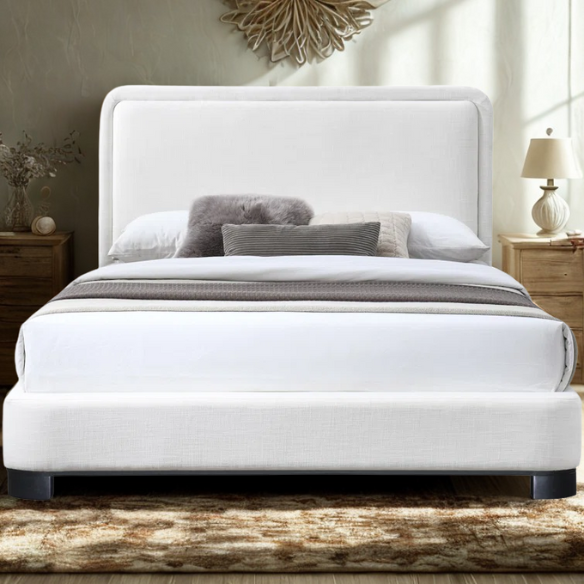 Luxurious Linen Textured Fabric King Size Upholstered Panel Bed with Solid Wood Base