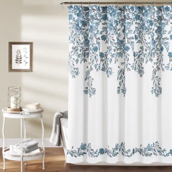 Blue and Grey Floral Vine Shower Curtain – Shabby Chic Farmhouse Style, 72" x 72"