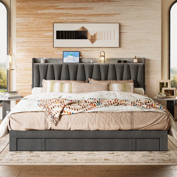 Modern Upholstered King Size Bed Frame with 3 Storage Drawers, Soft Foam Headboard, and Built-in Charging Station