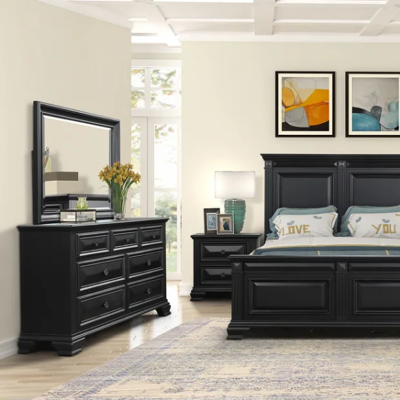 Timeless Vintage Black Wood 6-Piece Traditional Bedroom Set with Double-Panel Bed, Silvertone Accents, and Fluted Pilasters