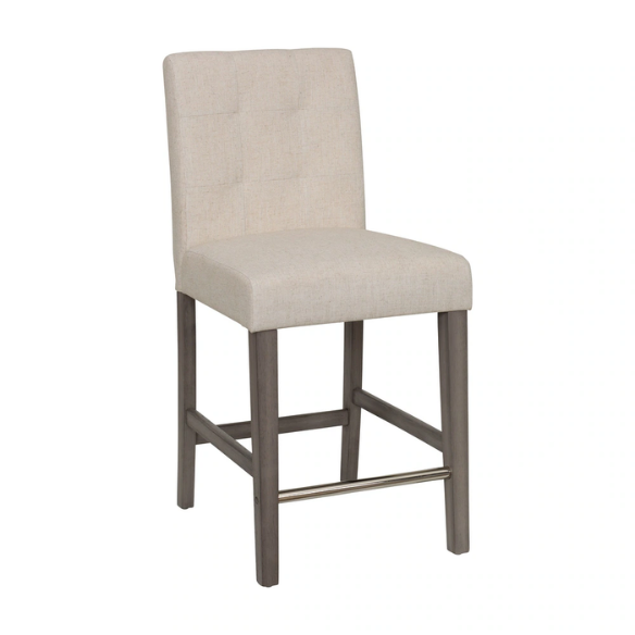 Upholstered 25" Counter Height Bar Stool – Modern Farmhouse Design with Tufted Back, Foam Padded Seat, Washed Grey Solid Wood Legs, and Durable Steel Footrest