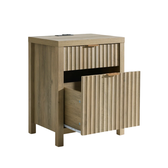2-Drawer Nightstand with Built-In Outlets – Fluted Panels, Wood Grain Finish, Modern Design, Charging Station with 2 AC Outlets, USB & USB-C Ports, 4.9-Foot Power Cord, Set of 2
