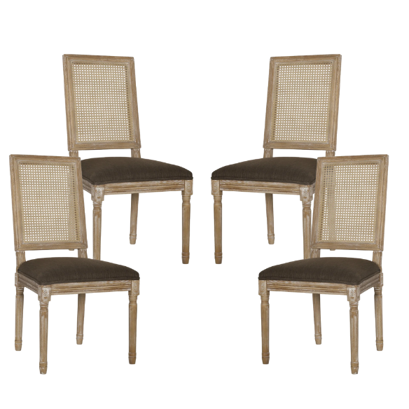 French Country Wood and Cane Upholstered Dining Chairs – Weathered Rubberwood Frame with Fluted Legs & Rectangular Cane Backrest