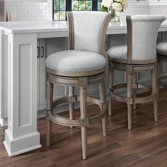 Swivel Bar-Height Stool with High Seat Back – Elegant Curved Back, 180° Automatic Return Swivel, Nail Head Trim, Metal Footrests, and Cushioned Foam Seat for Ultimate Comfort