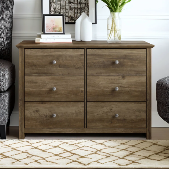 Modern 6-Drawer Double Dresser with Angled Sled Legs and Round Metal Hardware